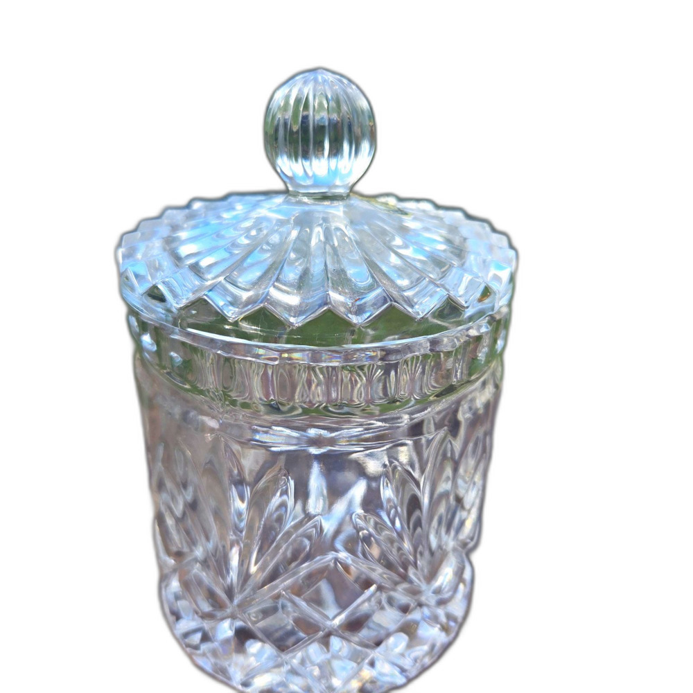 Crystal Zajecar Clear Cut Glass Lidded Jar Starburst Candy Dish, Knob Lid